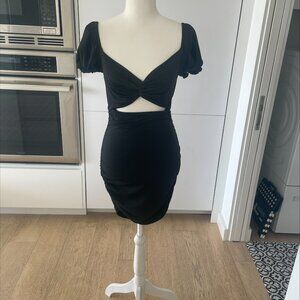 Black Cutout Ruched Mini Dress – Puff Sleeve Bodycon, Size S